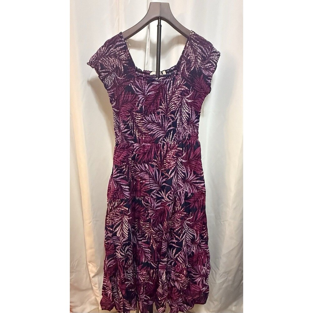 Soft Surroundings Purple Palm Print Smocked Bodice Tiered Maxi Dress Size Small